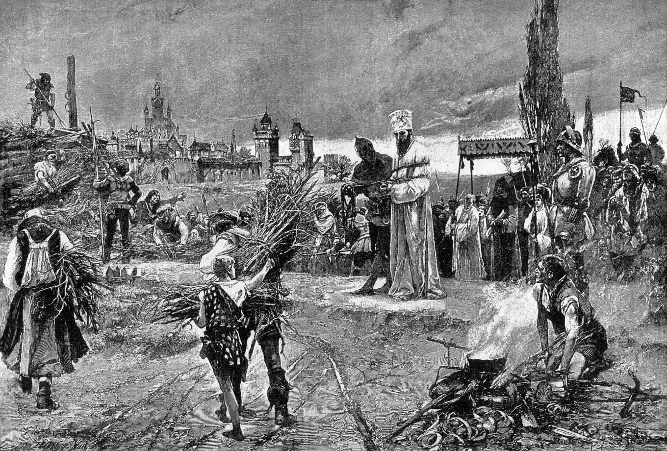 Executioners prepare to burn dissident Czech Catholic priest Jan Hus at the stake in 1415 AD.